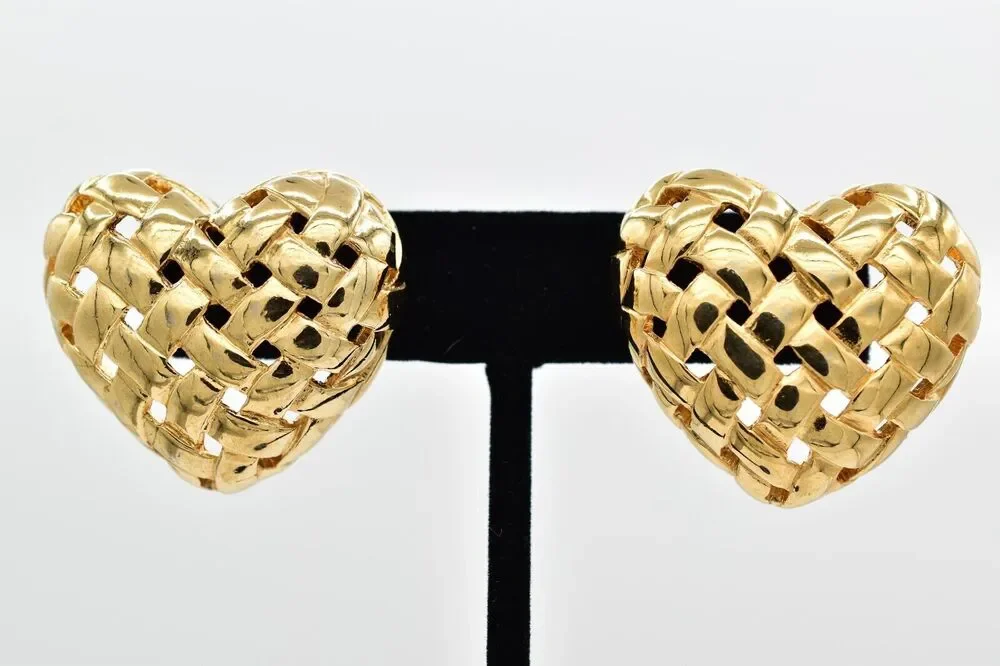 Vintage Big Weaved Heart Earrings Post Gold Tone Puffy Chunky Bold 1980s BinBK